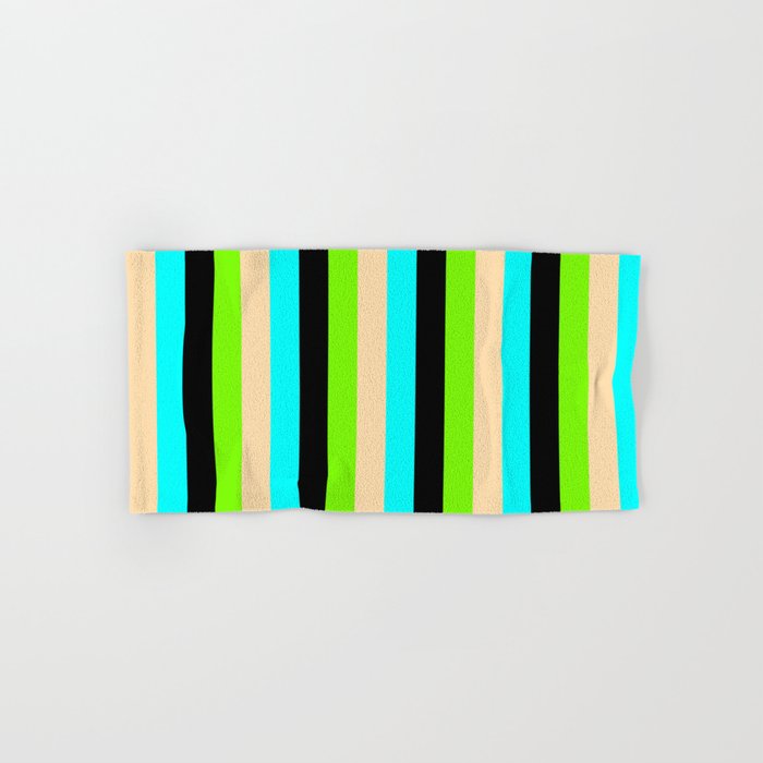 Aqua, Tan, Green, and Black Colored Stripes Pattern Hand & Bath Towel