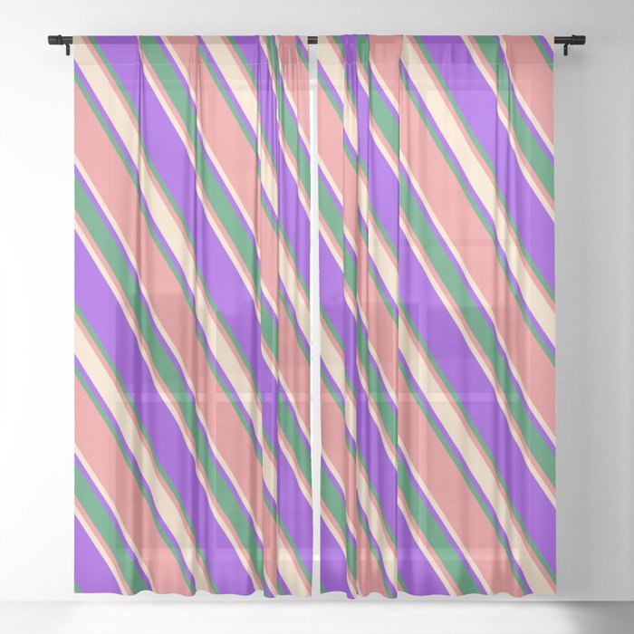 Purple, Sea Green, Light Coral, and Bisque Colored Lined/Striped Pattern Sheer Curtain