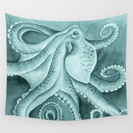 Cyan Green Octopus Tentacles Ink Watercolor Wall Tapestry