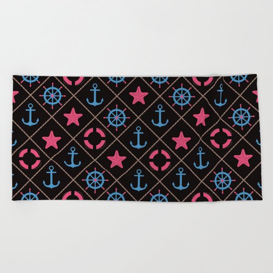 Nautical decor on black background . Beach Towel