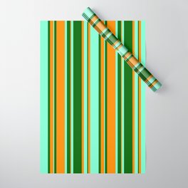 [ Thumbnail: Dark Orange, Dark Green, and Aquamarine Colored Stripes Pattern Wrapping Paper ]
