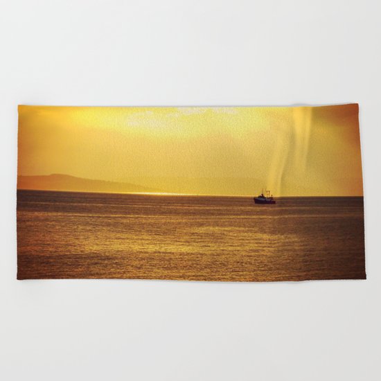 Going Fishing at sunset Beach Towel
