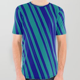 [ Thumbnail: Dark Blue and Dark Cyan Colored Lined/Striped Pattern All Over Graphic Tee ]