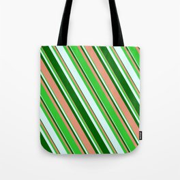 [ Thumbnail: Dark Salmon, Lime Green, Light Cyan, and Dark Green Colored Stripes/Lines Pattern Tote Bag ]