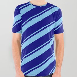 [ Thumbnail: Light Sky Blue & Blue Colored Lined Pattern All Over Graphic Tee ]