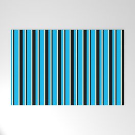 [ Thumbnail: Deep Sky Blue, Black, and Light Yellow Colored Lines Pattern Welcome Mat ]