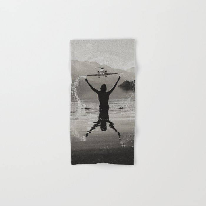On the wings of love; airplane landing over lake guide by female swimming alpine mountain black and white photograph - photographs - photography Hand & Bath Towel