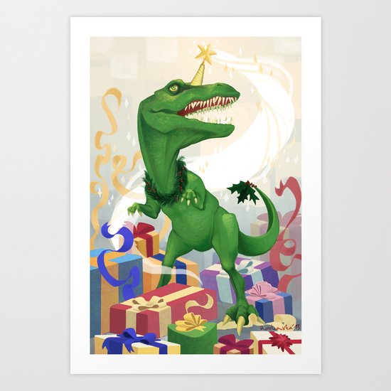 Christmas Unicorn T-Rex Art Print