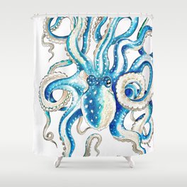 Blue Octopus Crosshatch Watercolor Comic Shower Curtain