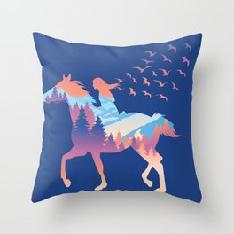 Girl's silhouette riding a horse Throw Pillow