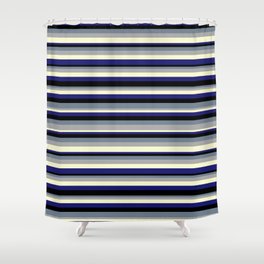 [ Thumbnail: Colorful Slate Gray, Dark Gray, Light Yellow, Midnight Blue, and Black Colored Lined/Striped Pattern Shower Curtain ]