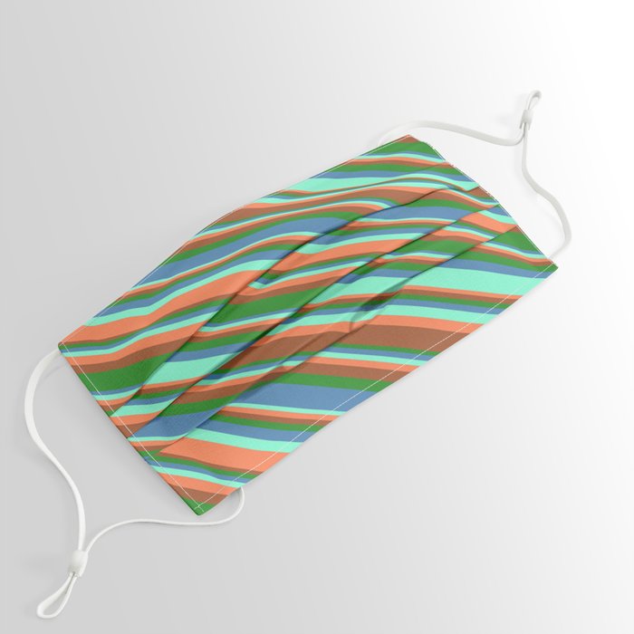 Aquamarine, Coral, Sienna, Forest Green, and Blue Colored Lined/Striped Pattern Face Mask