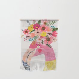 Pink flamingo with flowers on head Wall Hanging