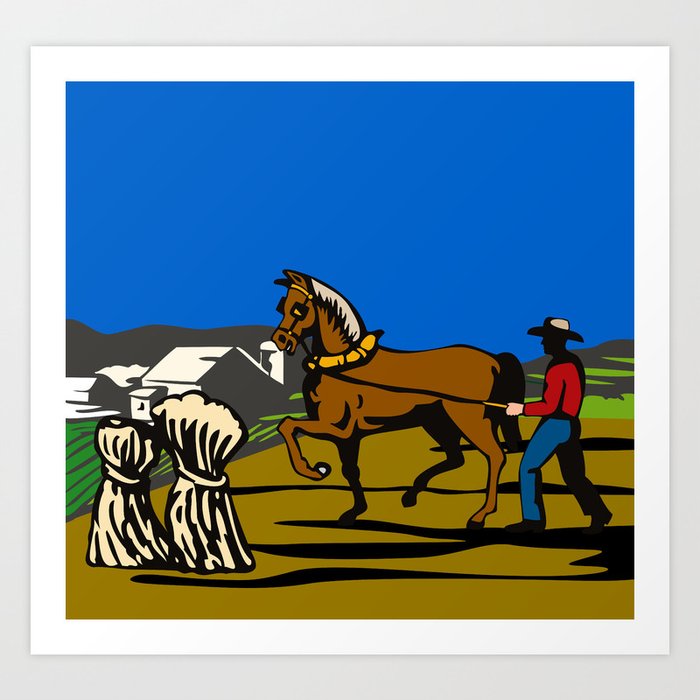 farmer and horse plowing field Art Print