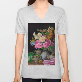 Flowers in a Porcelain Vase with Candlestick and Silver Vessels, 1839 by Ferdinand Georg Waldmuller V Neck T Shirt