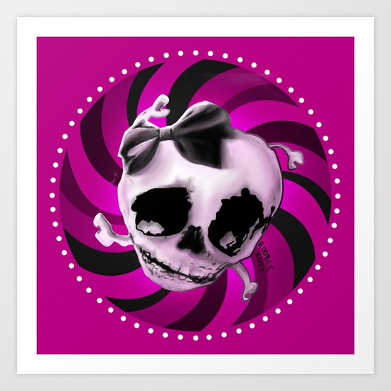 Girly Pink Skull with Black Bow Art Print