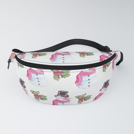 Christmas Pattern Watercolor Pink Snowman Mistletoe Fanny Pack