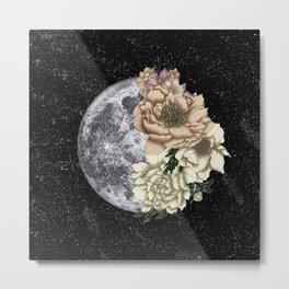 Moon Abloom Cream Garden Metal Print | Celestial, Garden, Floral, Stars, Cosmic, Moon, Flowers, Magical, Digital, Bloom 