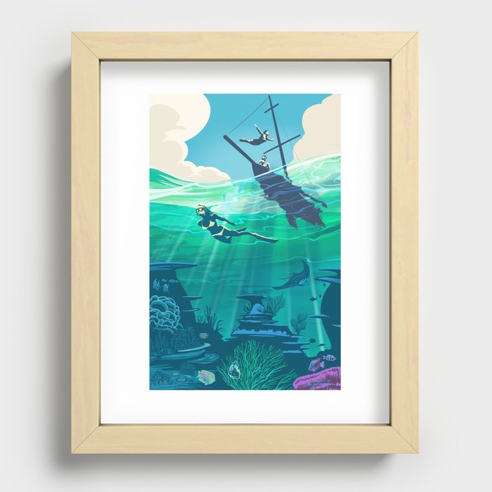 Retro Travel Coral Reef Diver Recessed Framed Print