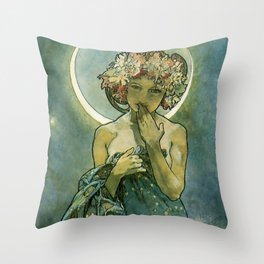 Alphonse Mucha "The Moon and the Stars Series: The Moon" Throw Pillow