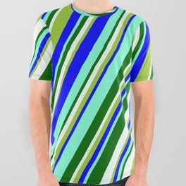 [ Thumbnail: Eyecatching Green, Blue, Aquamarine, Dark Green, and Mint Cream Colored Stripes Pattern All Over Graphic Tee ]