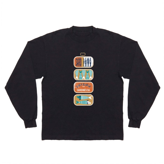 Vintage canned sardines // white background peacock teal and gold drop orange cans  Long Sleeve T Shirt