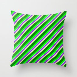 [ Thumbnail: Colorful Purple, Pale Goldenrod, Green, Lime & Light Cyan Colored Stripes/Lines Pattern Throw Pillow ]