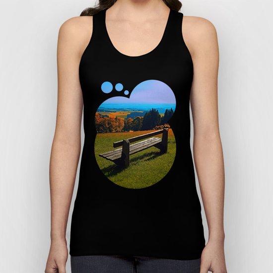 Summertime scenery and the bench to watch it Unisex Tank Top