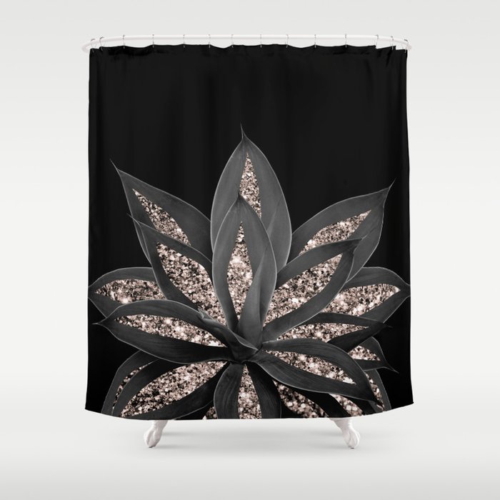 Gray Black Agave With Rose Gold Glitter 1 Shiny Tropical Decor Art Society6 Shower Curtain By Anitabellajantz