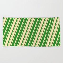 [ Thumbnail: Beige & Forest Green Colored Pattern of Stripes Beach Towel ]