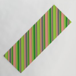 [ Thumbnail: Green, Forest Green, Dark Salmon, and Dim Gray Colored Striped/Lined Pattern Yoga Mat ]