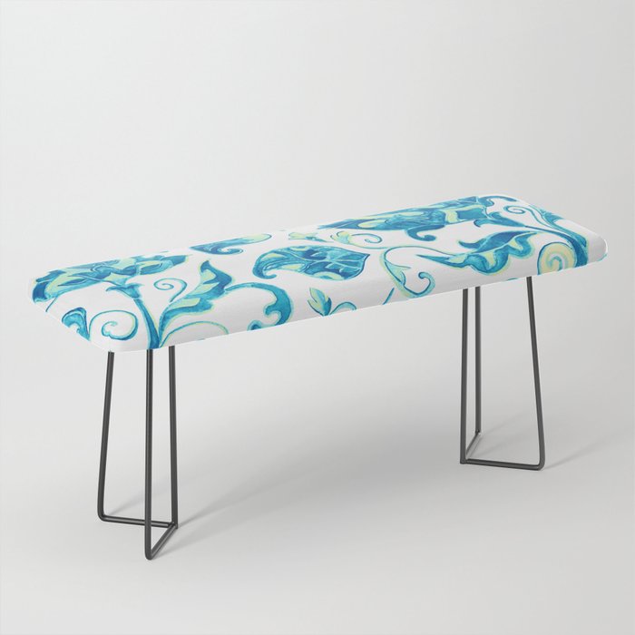 Exotic Oriental Chintz Teal Floral Pattern Bench