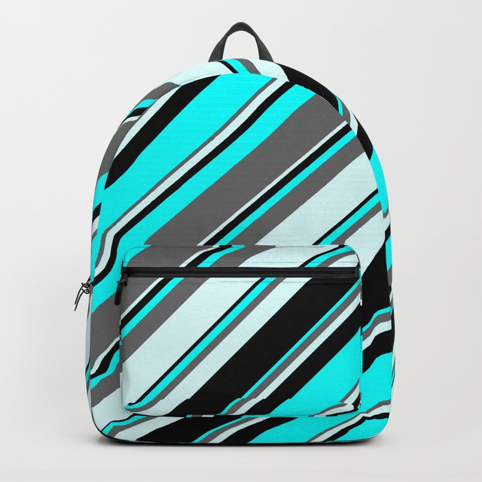 Aqua, Dim Gray, Light Cyan & Black Colored Lines/Stripes Pattern Backpack