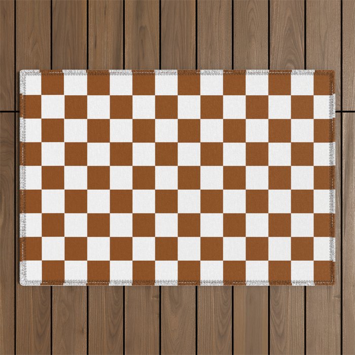 Checkered Pattern White and Brown Outdoor Rug