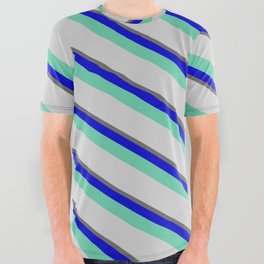 [ Thumbnail: Dim Grey, Blue, Aquamarine & Light Grey Colored Lined/Striped Pattern All Over Graphic Tee ]