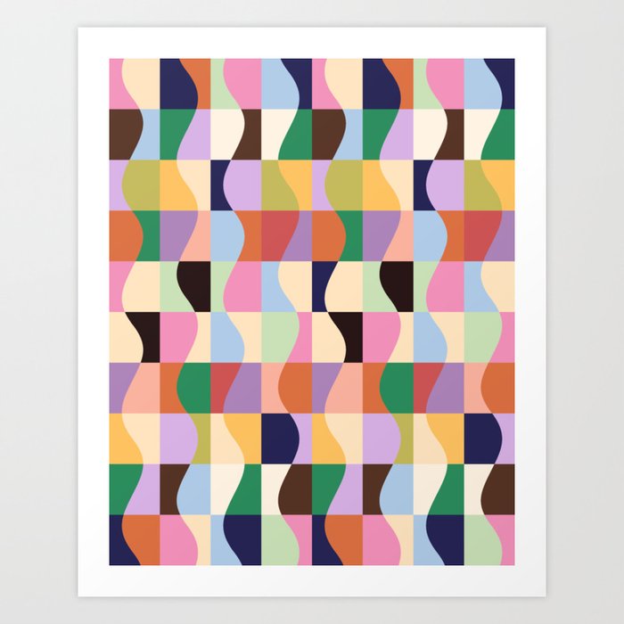 Retro Colorful Wavy Checkerboard Art Print