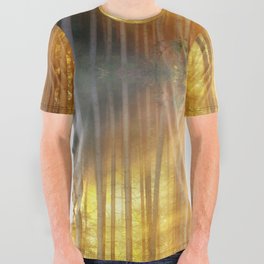 Mirrored lake reflection of morning aspen trees in the morning fog and sunshine nature landscape magical realism photograph / photography All Over Graphic Tee