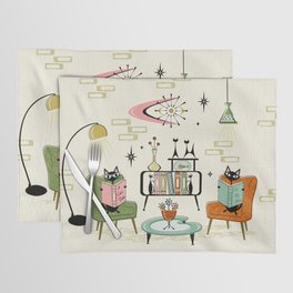 Cozy Cats’ Den ©studioxtine Placemat | Library, Cats, Atomic, Digital, Boomerangclock, Boomerang, Graphicdesign, Vintage, Cozyspaces, Chairs 
