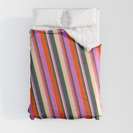 [ Thumbnail: Tan, Dark Slate Gray, Red & Orchid Colored Lined/Striped Pattern Comforter ]