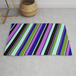 [ Thumbnail: Eyecatching Orchid, Dark Blue, Green, Turquoise, and Black Colored Stripes/Lines Pattern Rug ]