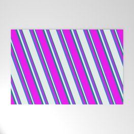 [ Thumbnail: Royal Blue, Mint Cream, Teal, and Fuchsia Colored Lined Pattern Welcome Mat ]