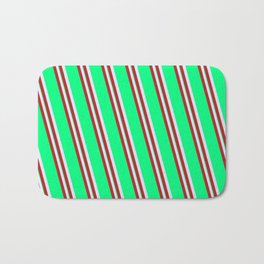 [ Thumbnail: Lavender, Red & Green Colored Striped Pattern Bath Mat ]