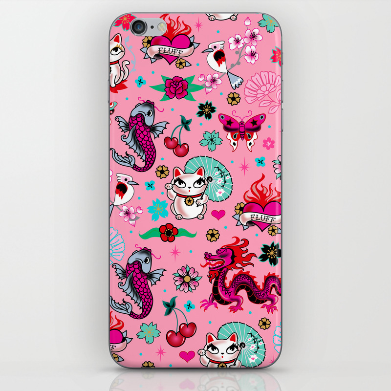 Lucky Cat Maneki Neko Dragons And Koi Fish On Pink Iphone Skin By Fluffshop Society6