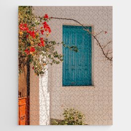 Greek Still Live- Blue Shutter Door with Red Flowers - Mediterranean Summer Vibe - Travel Photography Jigsaw Puzzle
