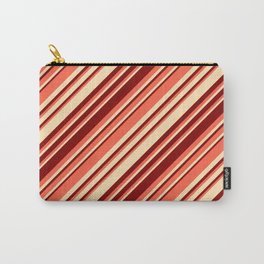 [ Thumbnail: Red, Beige, and Maroon Colored Striped/Lined Pattern Carry-All Pouch ]