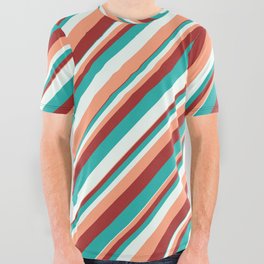 [ Thumbnail: Light Sea Green, Mint Cream, Light Salmon, and Brown Colored Striped Pattern All Over Graphic Tee ]