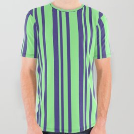 [ Thumbnail: Dark Slate Blue & Green Colored Lines Pattern All Over Graphic Tee ]