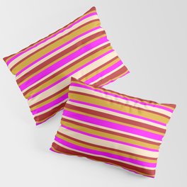 [ Thumbnail: Fuchsia, Bisque, Red, and Goldenrod Colored Lined Pattern Pillow Sham ]