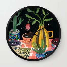 Suspicious mugs 2 Wall Clock | Coffee, Curated, Cafe, Rainbow, Coffeelover, Funny, Painting, Breakfast, Moon, Boho 