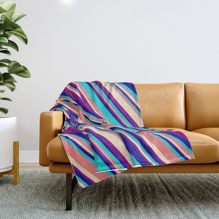 Light Coral, Bisque, Purple, Dark Blue, and Dark Turquoise Colored Lined/Striped Pattern Throw Blanket